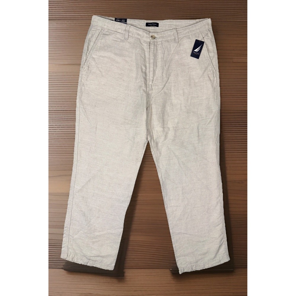Nautica Pants Mens 38x30 Beige Chino Linen Blend Wheatflax Straight Flat NWT $80